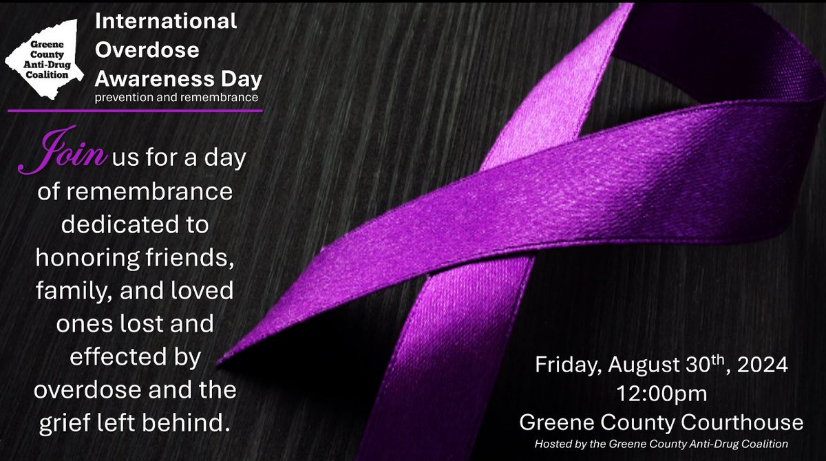 💜Greene County International Overdose Awareness Day Event

📆: August 30, 2024  
⏰: 12:00PM
📍: Greene County Court House- front entrance steps

Join us for a day of remembrance, education, and support as we come together to honor Overdose Awareness Day.