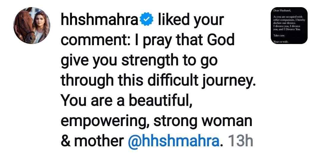 Dubai Princess Sheikha Mahra just liked my message I put on her Instagram as she announced her divorce citing her husband's infidelity