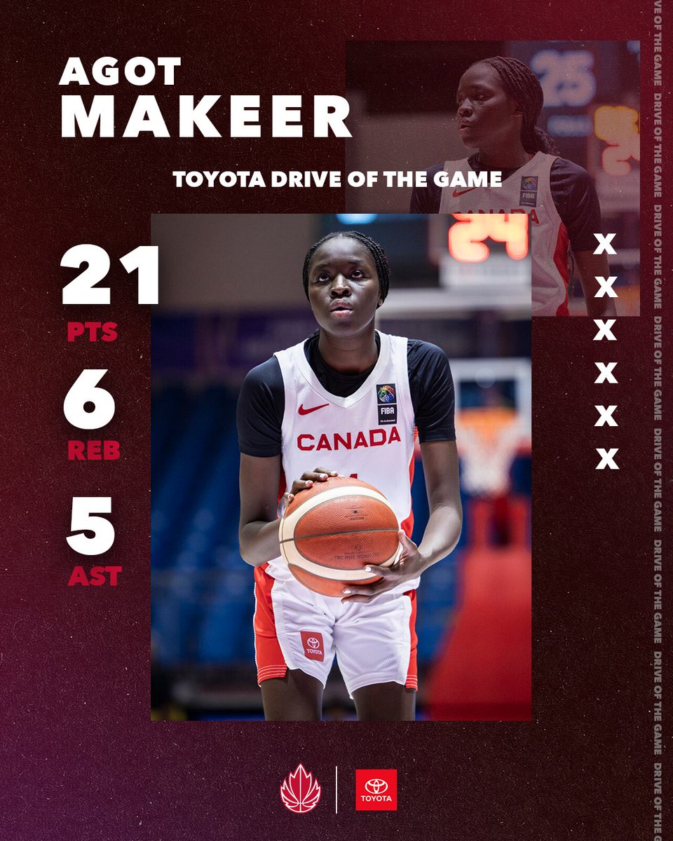 Another 20+ performance 👏

<a href="/makeer_agot/">Agot Makeer</a> knocks down three triples in a big win to send Canada to the quarterfinals at the FIBA U17 Women's Basketball World Cup 2024, earning <a href="/ToyotaCanada/">Toyota Canada</a> Drive of the Game Honours 

#U17Women