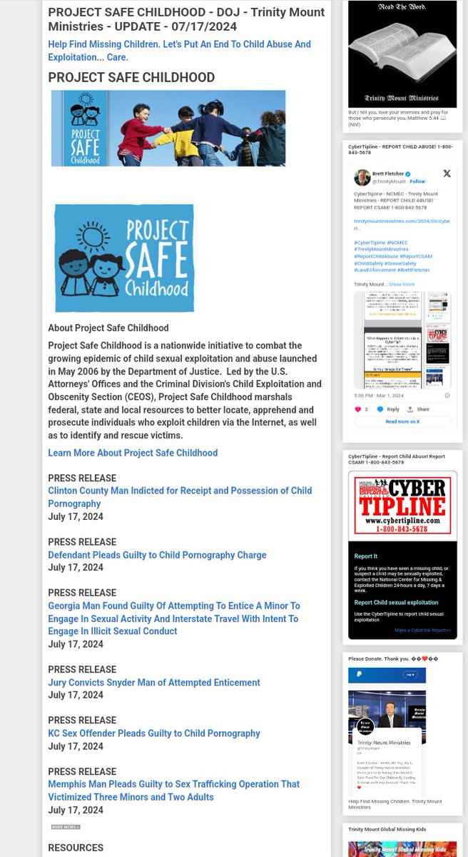 TrinityMount's tweet photo. PROJECT SAFE CHILDHOOD - DOJ - Trinity Mount Ministries - UPDATE - 07/17/2024
https://t.co/bzzzREMgUZ
#TrinityMountMinistries #ProjectSafeChildhood #ChildPredatorsConvicted #ChildSafety #OnlineSafety #LawEnforcement #Police #DOJ #DHS #FBI #CyberTipline #EndChildTrafficking #ReportChildAbuse #ReportCSAM #BrettFletcher
Trinity Mount Ministries
https://t.co/HuvwDRI6A8