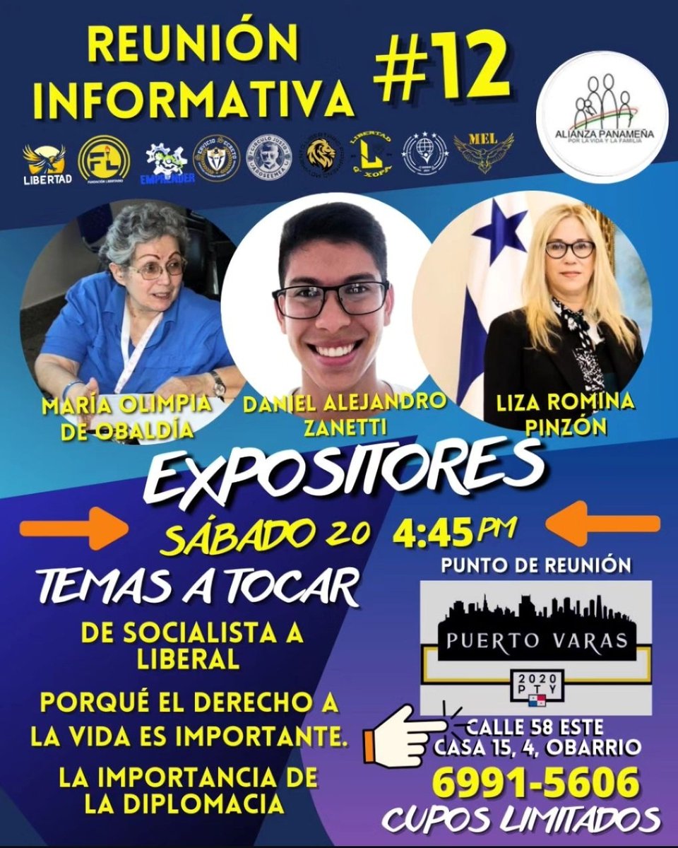 Reunión @fundacionlipma 
Tema: 'Socialista a Liberal'
'Porqué el Derecho a la Vida es importante'
'La importancia de la Diplomacia'
Sábado 20 Julio | 4:45 P.M. 
RSVP ☎️69915606