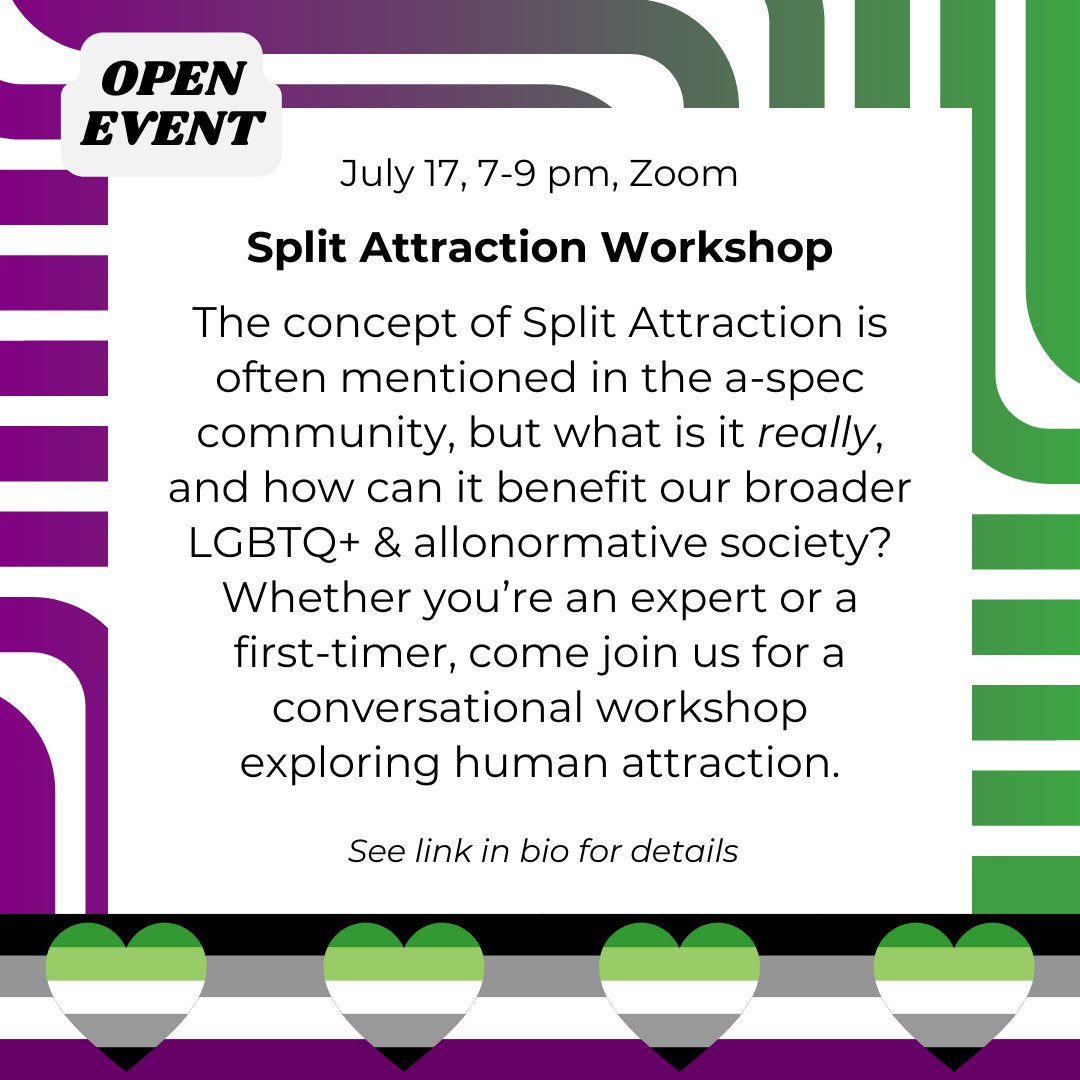 Reminder for our Split Attraction Workshop tonight, 7-9pm on Zoom! Come learn about the variance of human attraction and explore the role it plays in your own life. This event is open to the public; all are welcome. Link in bio. 💚💜