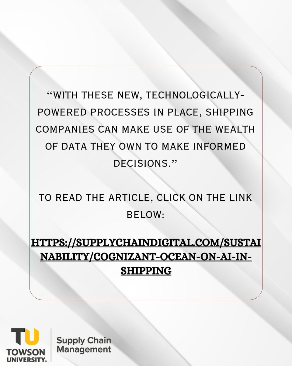TUSupplyChain's tweet photo. Be up to date with Supply Chain Management News. Use the following link to read the full article. Data and AI Crucial to Sustainable Shipping.
https://t.co/Slw05K2Glh
#supplychain #supplychainmanagement #towsonuniversity #towson https://t.co/sGg5w6noj2