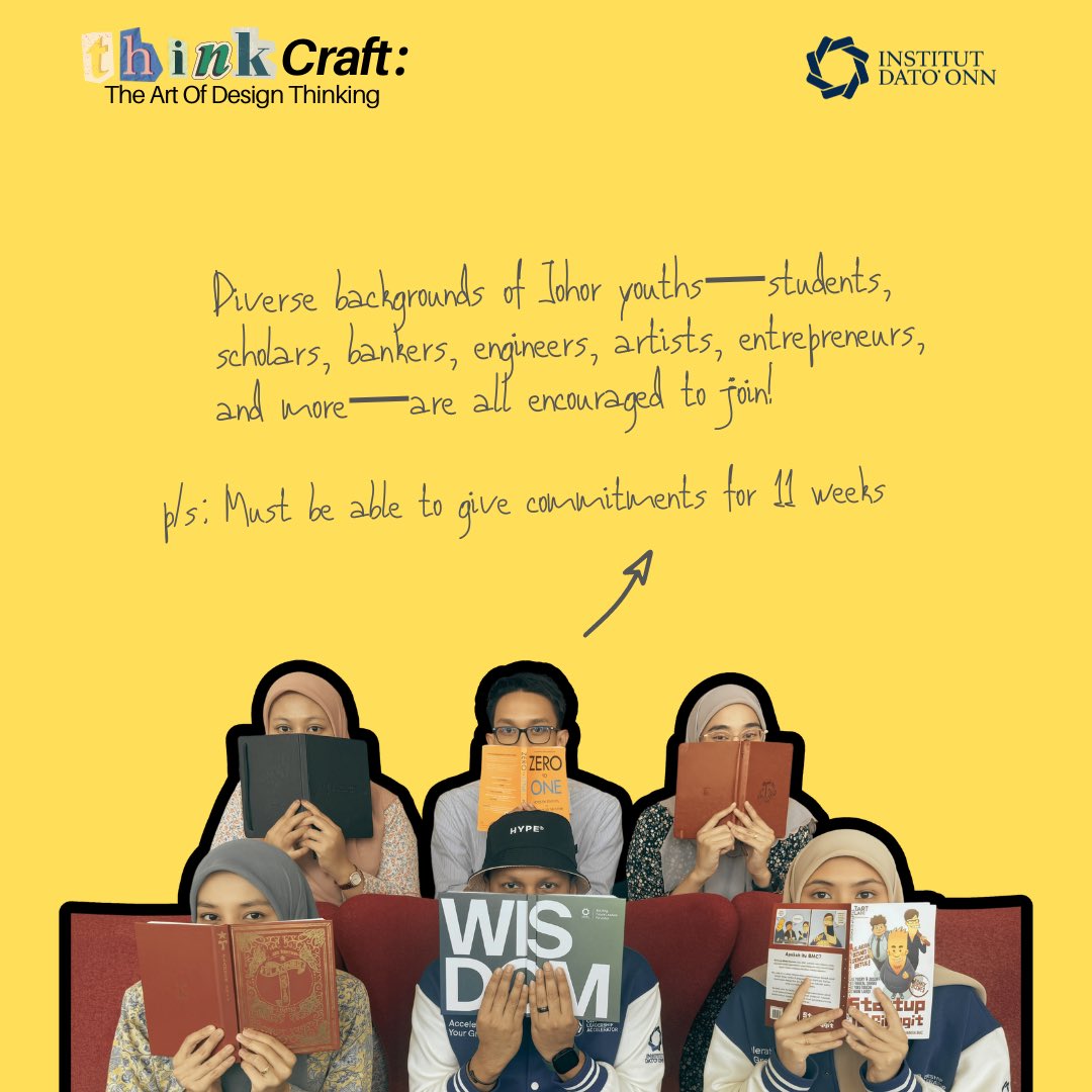institutdatoonn's tweet photo. Think Craft: The Art of Design Thinking 

Hello Orang Muda Johor!

We’re on the lookout for passionate, creative minds from all over Johor! If you’re ready to change the world and have a blast doing it, we want YOU! https://t.co/UnkEcxF1d1