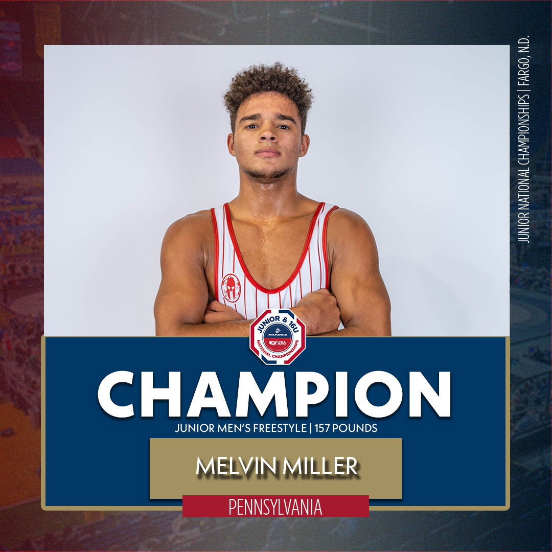 USAWrestling's tweet photo. JR MFS 157: Melvin Miller (PA) dec. Isaias Jimenez (AZ) 8-7

Fourth Junior men's freestyle title of the night for PA. Up to 52 all-time. #Fargo2024 https://t.co/5YUmhHgfL5