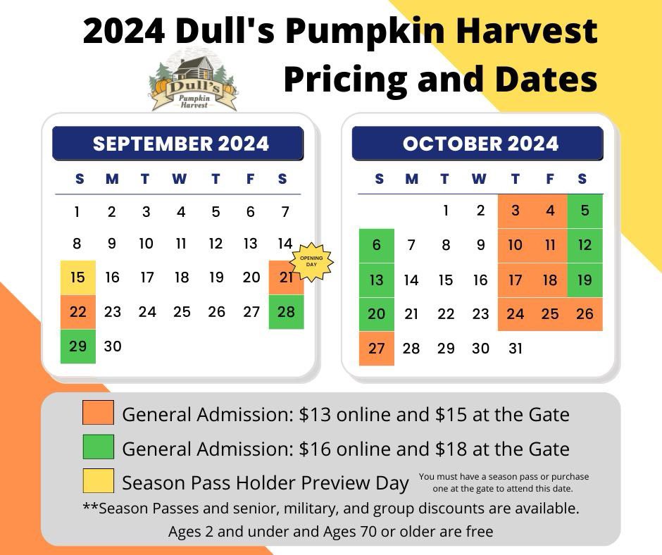 🎃 BIG NEWS! 2024 Pumpkin Harvest Dates Announced! 🍂
🗓️ 2024 Dates:
🍁 September 21 - October 27 🍁
Stay tuned for more details and sneak peeks of what’s in store. You won’t want to miss this! 🌟
🚨🚨SEASON PASS SALE happening August 5. 
#DullsPumpkinHarvest #2024PumpkinHarvest
