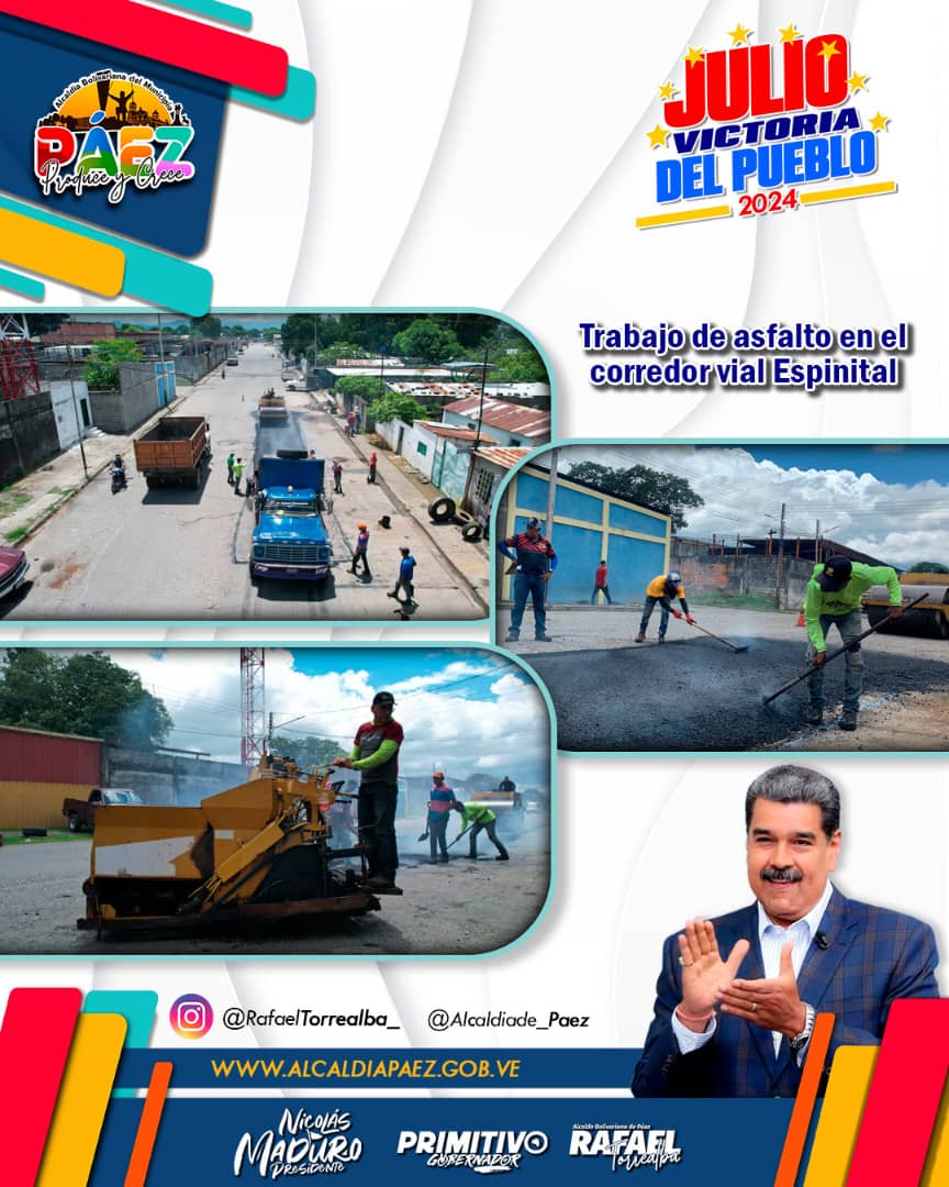 El #PlanBacheo no se detiene en el municipio Páez 

🚧 Más de 100 toneladas de asfalto fueron colocadas en la vía a Espinital

<a href="/NicolasMaduro/">Nicolás Maduro</a> <a href="/PrimitivoPsuv/">Antonio Primitivo Cedeño</a> y <a href="/rtorrealba_/">Rafael Torrealba</a> ¡Un solo Gobierno!

🖥️ alcaldiapaez.gob.ve

#PáezProduceYCrece #VenezuelaSegura