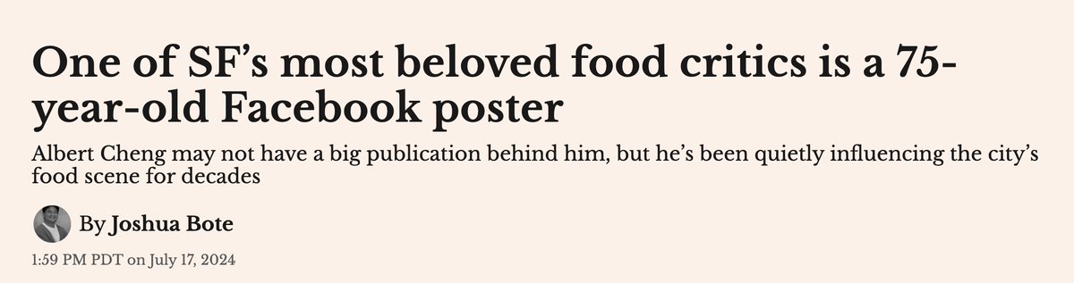 One of my favorite food writers is Albert Cheng, a 75-year-old SF man who posts in a local Facebook foodie group and draws business to small, family-owned shops. I got lunch with him — and learned about his incredible life story in the process. sf.gazetteer.co/albert-cheng-f…