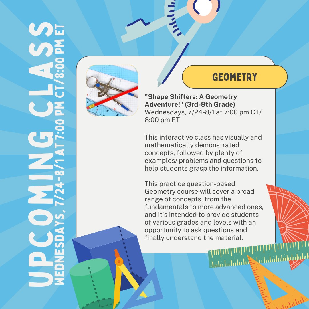 testingmom's tweet image. 🌟 Dive into the world of shapes with 'Shape Shifters: A Geometry Adventure!'
Perfect for 3rd-8th graders, this class covers fundamentals and advanced concepts through interactive lessons. Register today! testingmom.com/camps/class/sh…
#GeometryClass #MathSkills #KidsEducation