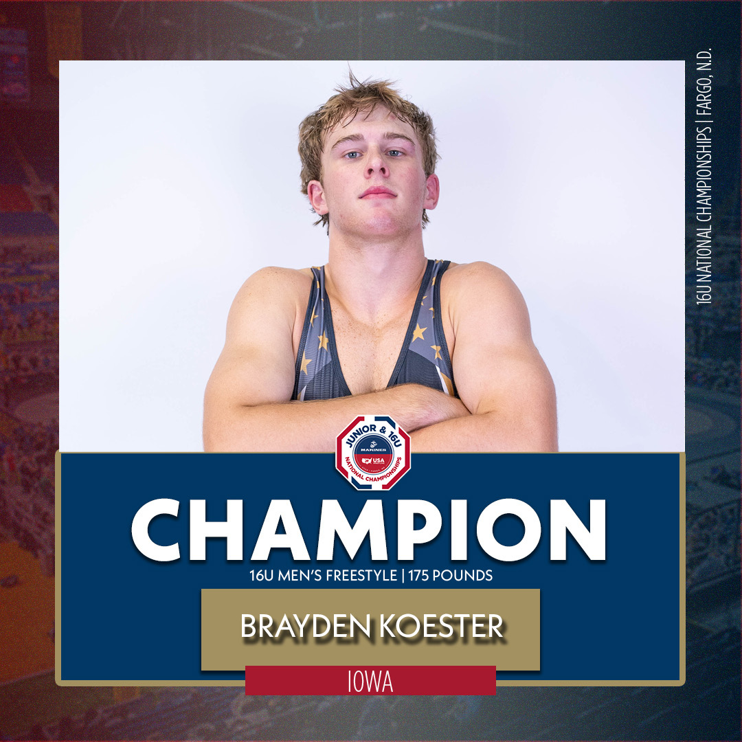 USAWrestling's tweet image. 16U MFS 175: Brayden Koester (IA) dec. Cody Savage (VT) 7-7

Iowa's third title of the night and 28th all-time in the division.  #Fargo2024