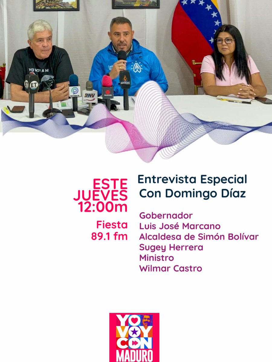 No te pierdas este jueves a las 12:00 m la entrevista especial con el Ministro de <a href="/MinAgriculturaV/">MinAgriculturaVe</a> <a href="/wcastroPSUV/">Wilmar Castro</a>, el Gob. del edo. Anzoátegui <a href="/luismarcanos/">Luis Marcano</a> y la alcaldesa de Mcpio Bolívar Sujey donde brindarán información en materia social y productiva.