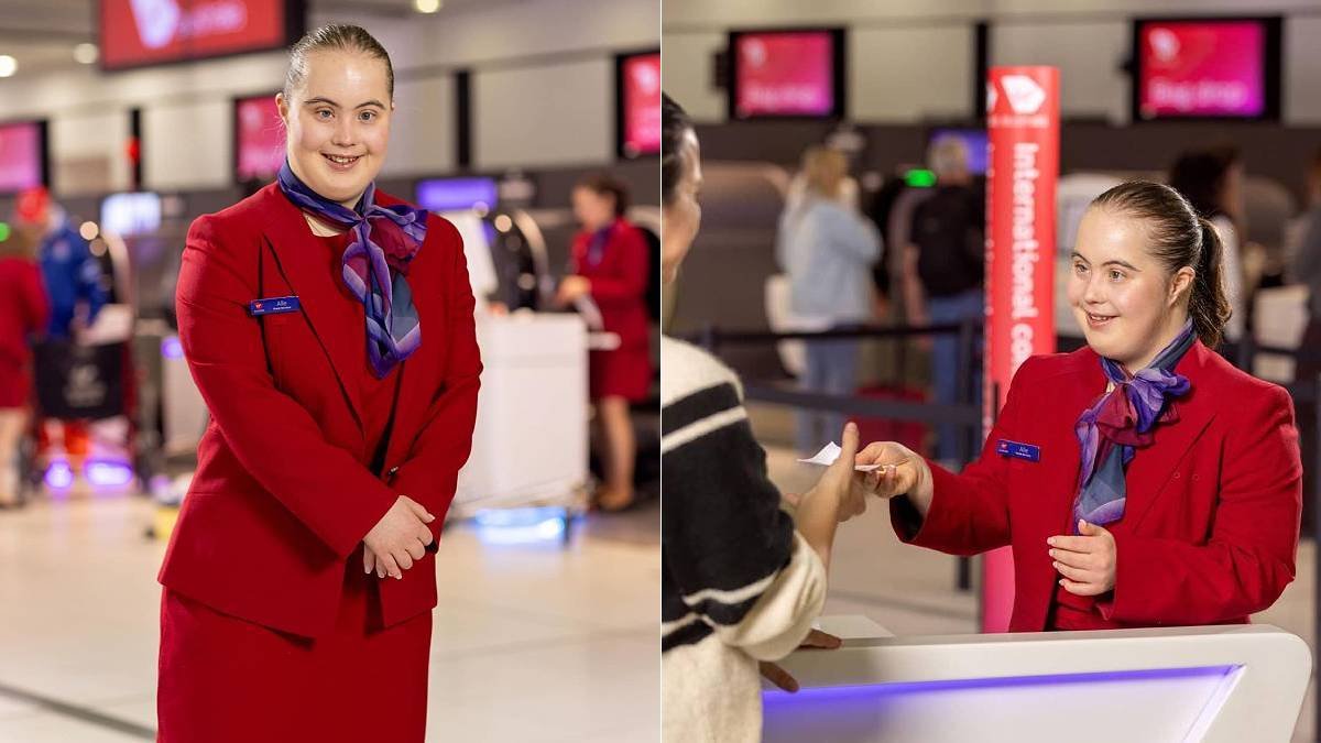ganzorigv's tweet photo. Virgin Airlines Australia даунтай иргэдийг ажлын байраар хангаад эхэлжээ. Alle Sayers компанийн үндсэн ажилтнаар Мельбурн хотын онгоцны буудал дээр хагас цагаар үйлчлэгч угтагчаар ажиллаж байна. Манай онгоцны буудал, эйрлайнууд санаа аваад хэрэгжүүлээсэй. https://t.co/C09bySfDgL