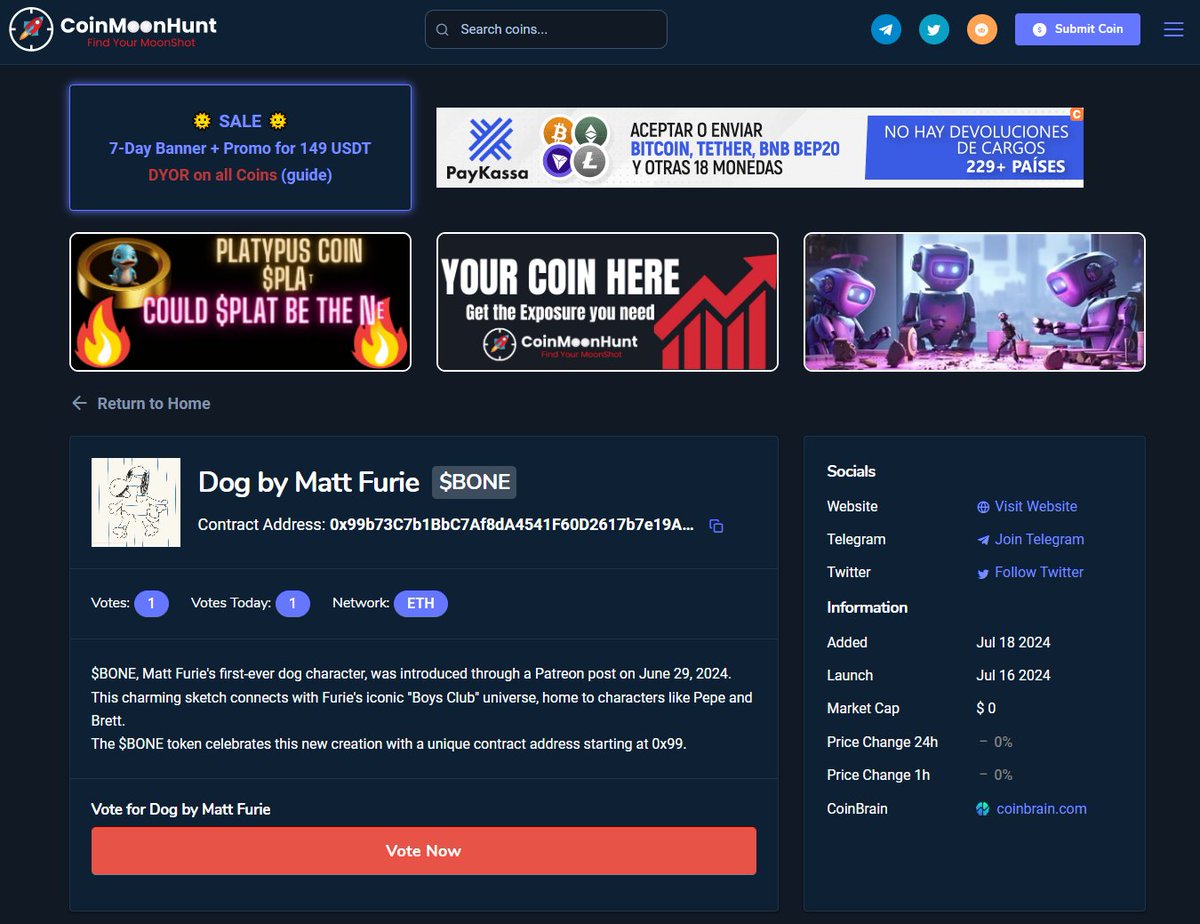 $BONE is now listed on <a href="/CoinMoonHunt/">CoinMoonHunt</a> 

Link: coinmoonhunt.com/coin/Dog%20by%…

Smash the vote🦴
