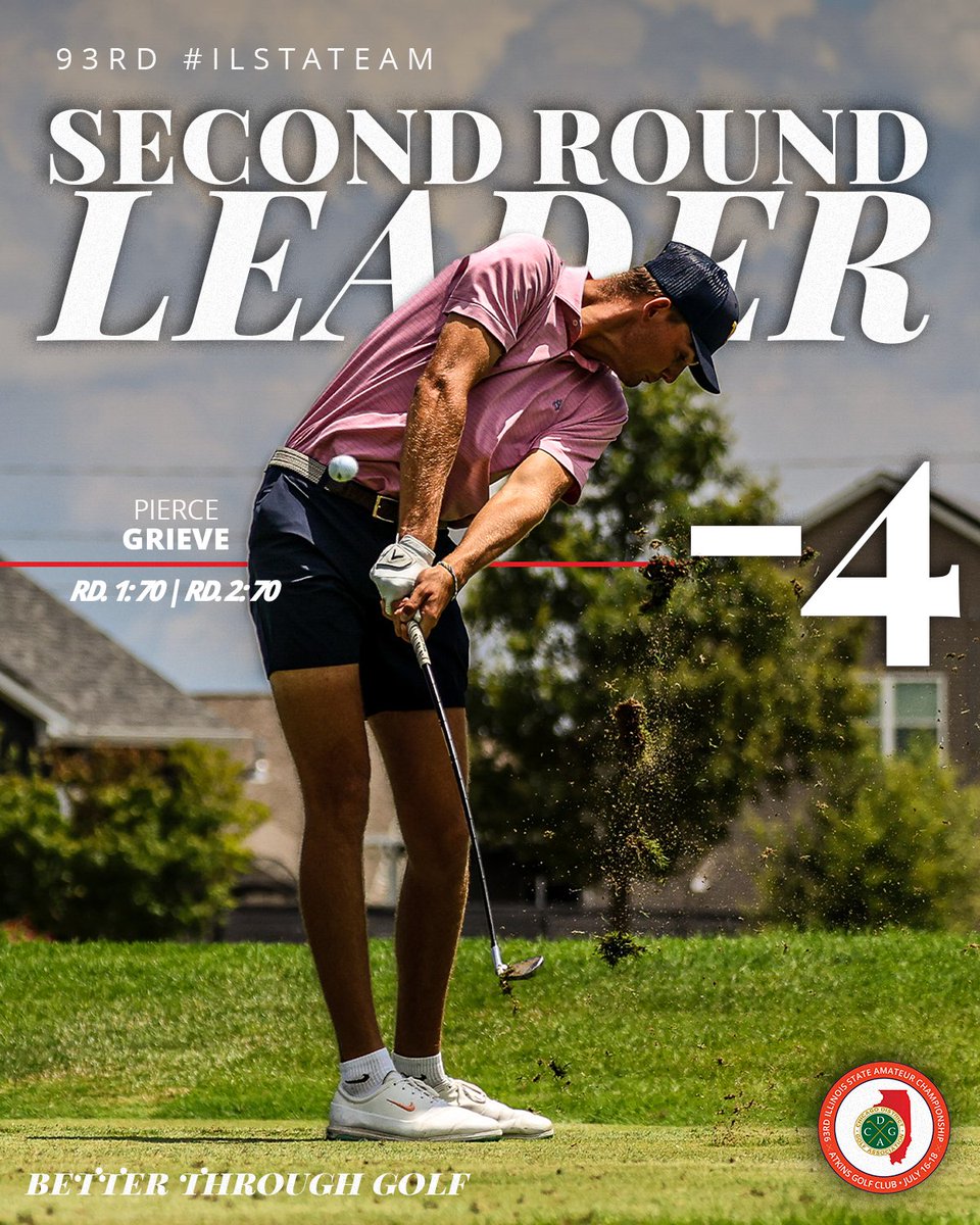 CDGAGolf's tweet photo. Halfway home. 🏆

Lake Forest’s @GrievePierce carded a second-consecutive 2-under 70 to gain a one-shot lead over the field 36 holes through the 93rd #ILStateAm at @AtkinsGolfClub. Five competitors sit just one shot behind Grieve at -3.

Visit https://t.co/sXgCJvEcqN for a full recap, photo gallery and videos from the second day.