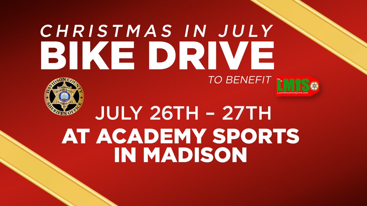 LisaSpencerWSMV's tweet photo. We are 9 days away from the Christmas in July Bike Drive to benefit @LastMinToyStore .
It's July 26 &amp; 27 at Academy Sport in Madison.
Fun news...everyone who donates a bike will get a @wsmvsnowbird goodies while supplies last.
Thanks brightening Christmas for a child in need. https://t.co/05Ed0Oqs7O
