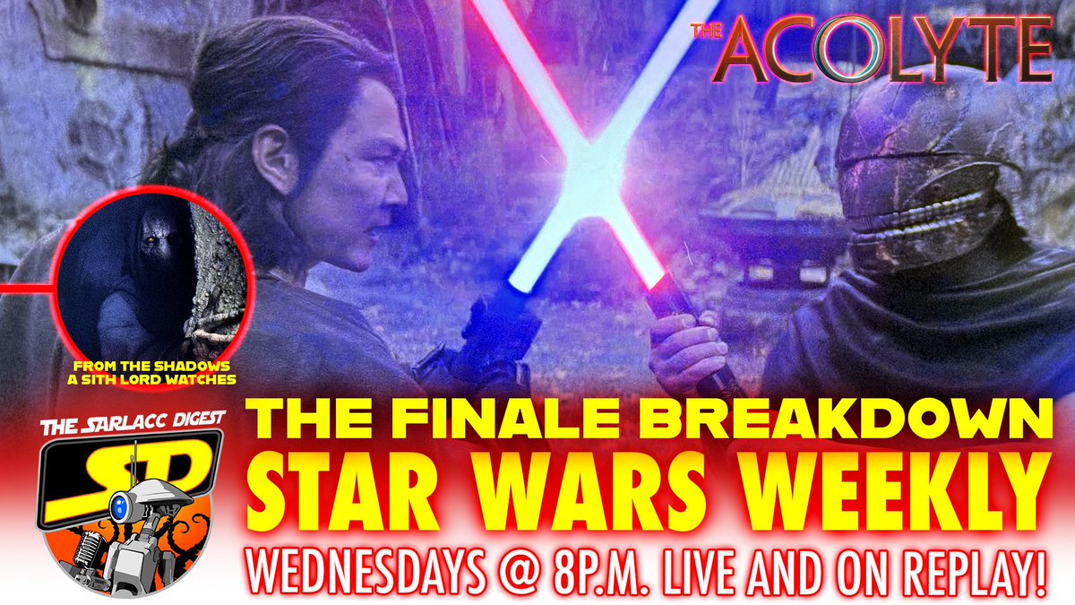 Join us LIVE at 8pm pst as we dive into the Acolyte finale. Now that it's done, do we think we're able to move past the bad acting, odd choices , shit music/chants and try to put this in its place within the Star Wars lore? Or is it really that bad....  youtube.com/live/7ag8VyEmn…