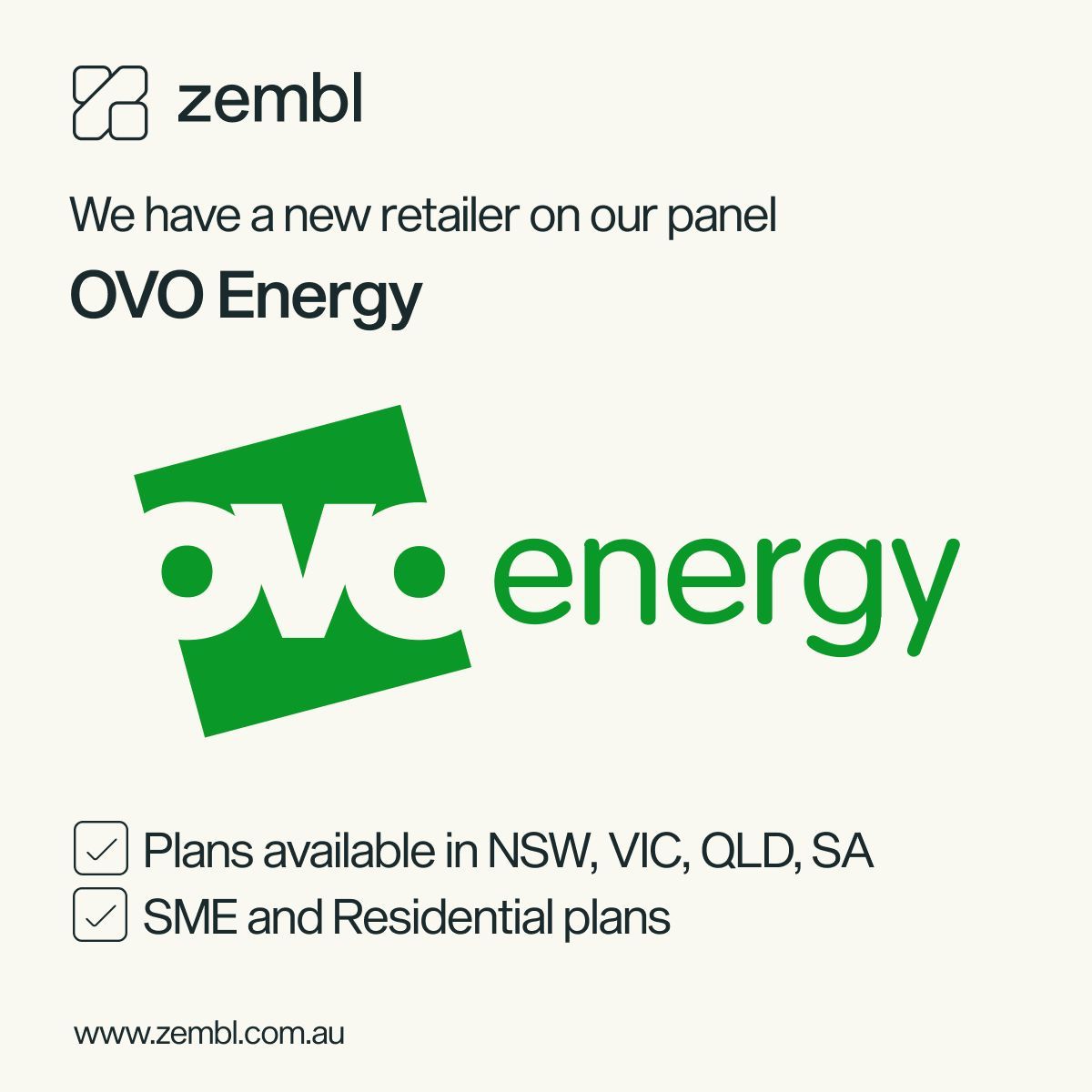 zemblau's tweet photo. We're excited to welcome OVO Energy to our panel of leading Aussie energy retailers!

#OVOEnergy #zembl #energy #electricity #energyprices #electricityprices #energypricerises #energypricehikes #energypricesaustralia #energytips #energysavings #energyexperts https://t.co/GyBFhHuFGo