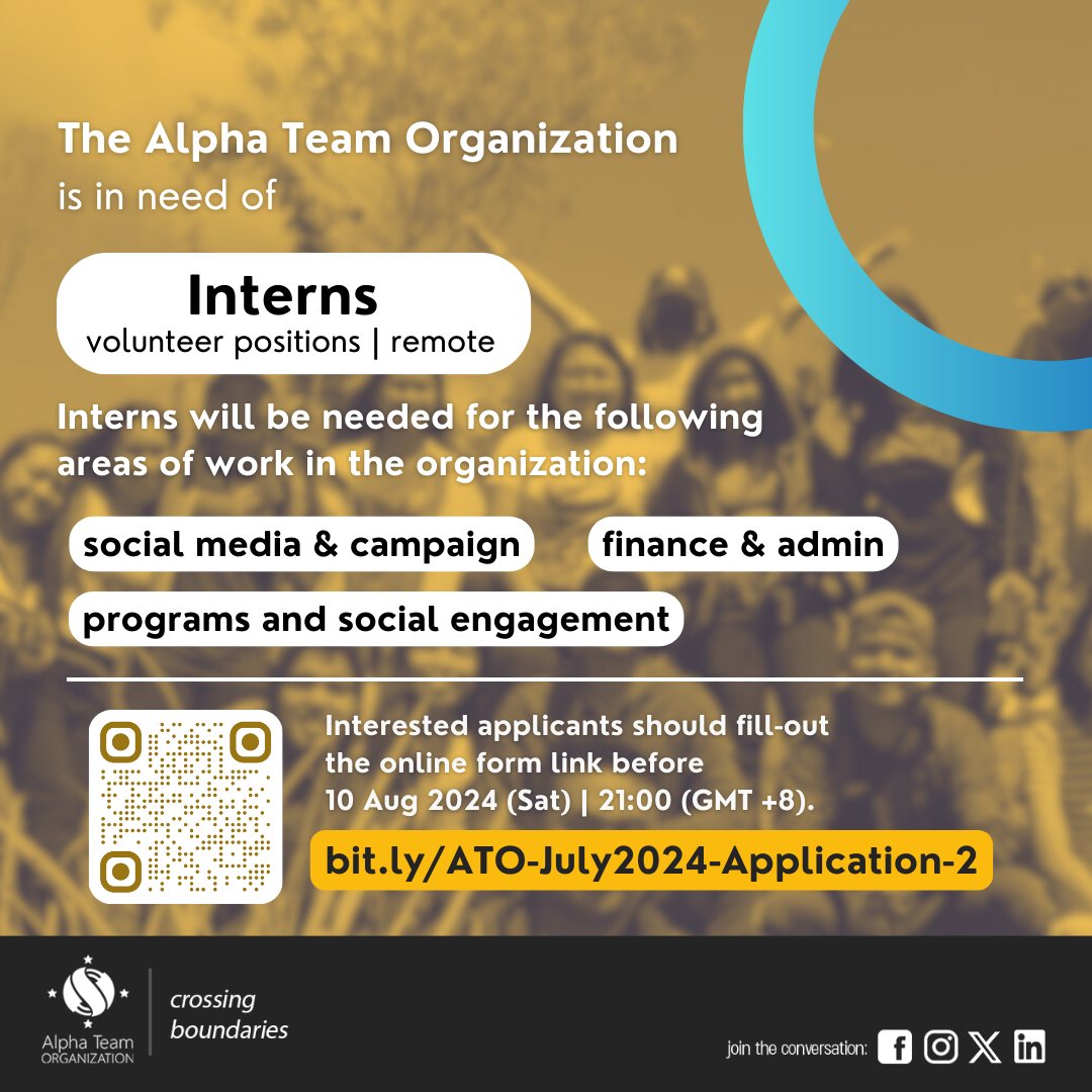 alphateam2003's tweet photo. 🌟📅 Call for Program Interns! Passionate about social advocacies? Join us! Positions in Finance 💼, Programs 🌍, and Social Media 📱✨. Apply by 10 August 2024, 21:00 (GMT+8). Details &amp; Application: https://t.co/ZQLhr54AMK #Together4ATO #Volunteer #RemoteInternship https://t.co/Yz0O26UZs1