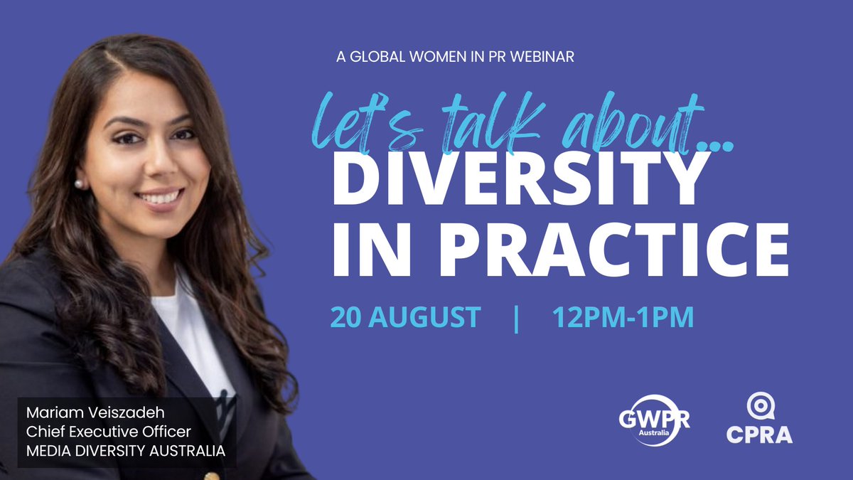 Communication and Public Relations Australia (@cpraofficial) on Twitter photo WEBINAR: Let's Talk About Diversity In Practice
Hear from <a href="/MediaDiverseAU/">Media Diversity AU</a> CEO <a href="/MariamVeiszadeh/">Mariam Veiszadeh</a> on the complexities and practicalities of diversity in the PR and communications industry.
Tue 20 August, 12pm-1pm
REGISTER: bit.ly/4d6Xzoo WEBINAR: Let's Talk About Diversity In Practice
Hear from <a href="/MediaDiverseAU/">Media Diversity AU</a> CEO <a href="/MariamVeiszadeh/">Mariam Veiszadeh</a> on the complexities and practicalities of diversity in the PR and communications industry.
Tue 20 August, 12pm-1pm
REGISTER: bit.ly/4d6Xzoo