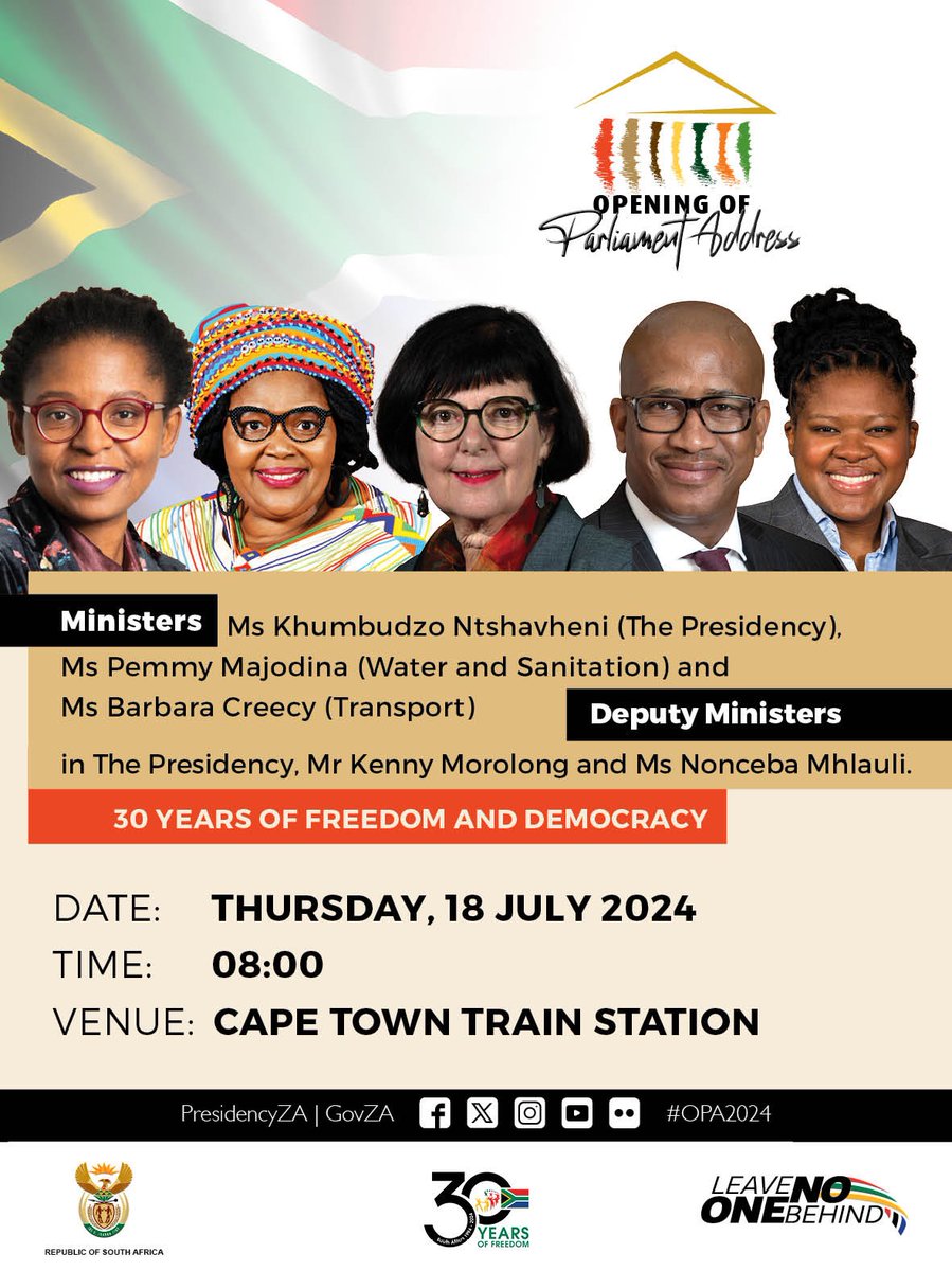 PresidencyZA's tweet image. #ItIsInYourHands | Minister and Deputy Ministers in The Presidency at the Cape Town Train Station celebrating the 200th train made in South Africa, as part of #30YearsofFreedom and #OPA2024 activation.  #MandelaDay2024 #Freedom30