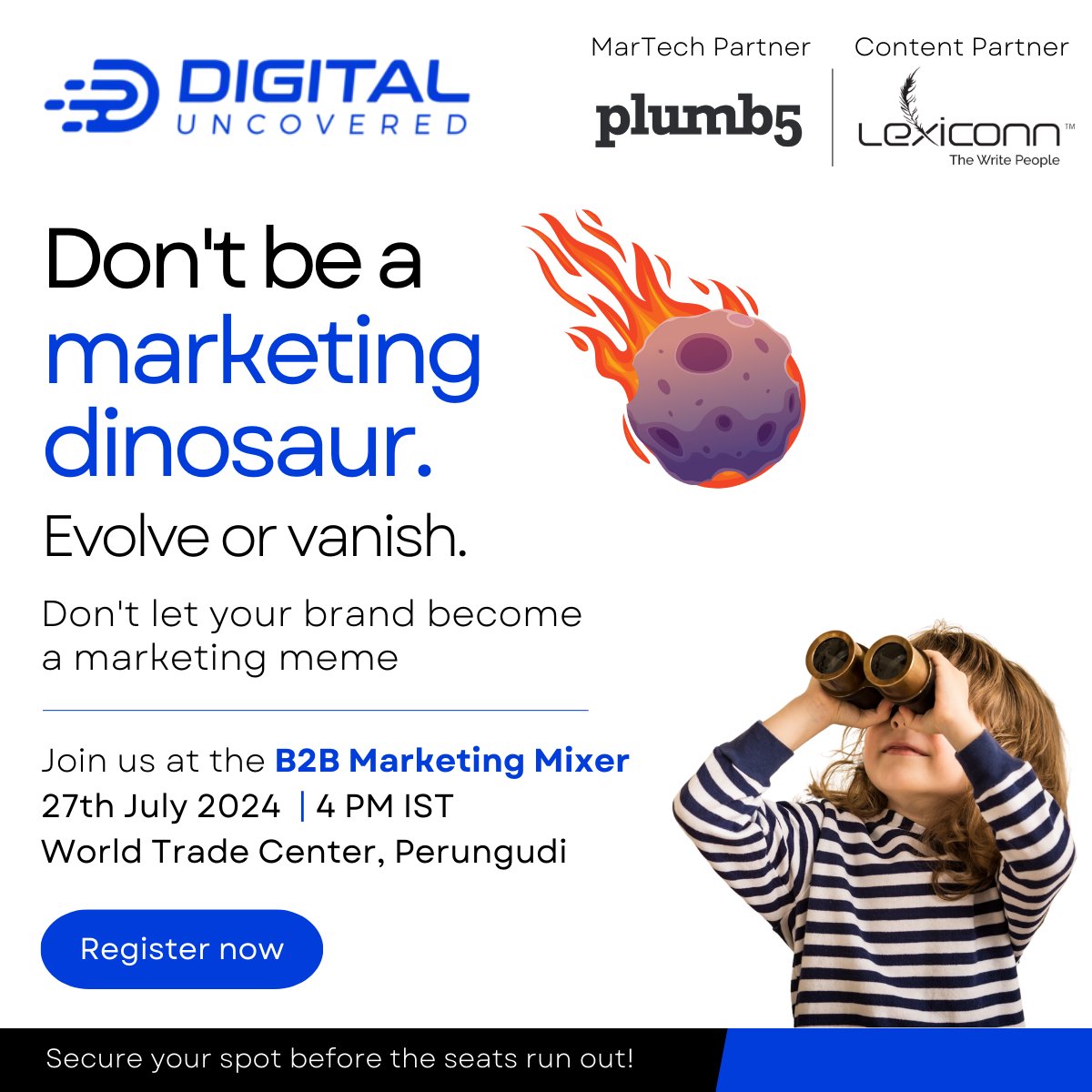 DigiUncovered's tweet image. Are you keeping up with changing customers, evolving markets, and price-conscious prospects? But is your marketing evolving, too? Find out at the inaugural B2B marketing mixer at Kissflow Office, World Trade Center, Perungudi, Chennai. bit.ly/chennai-b2b-mi… #B2Bmarketing