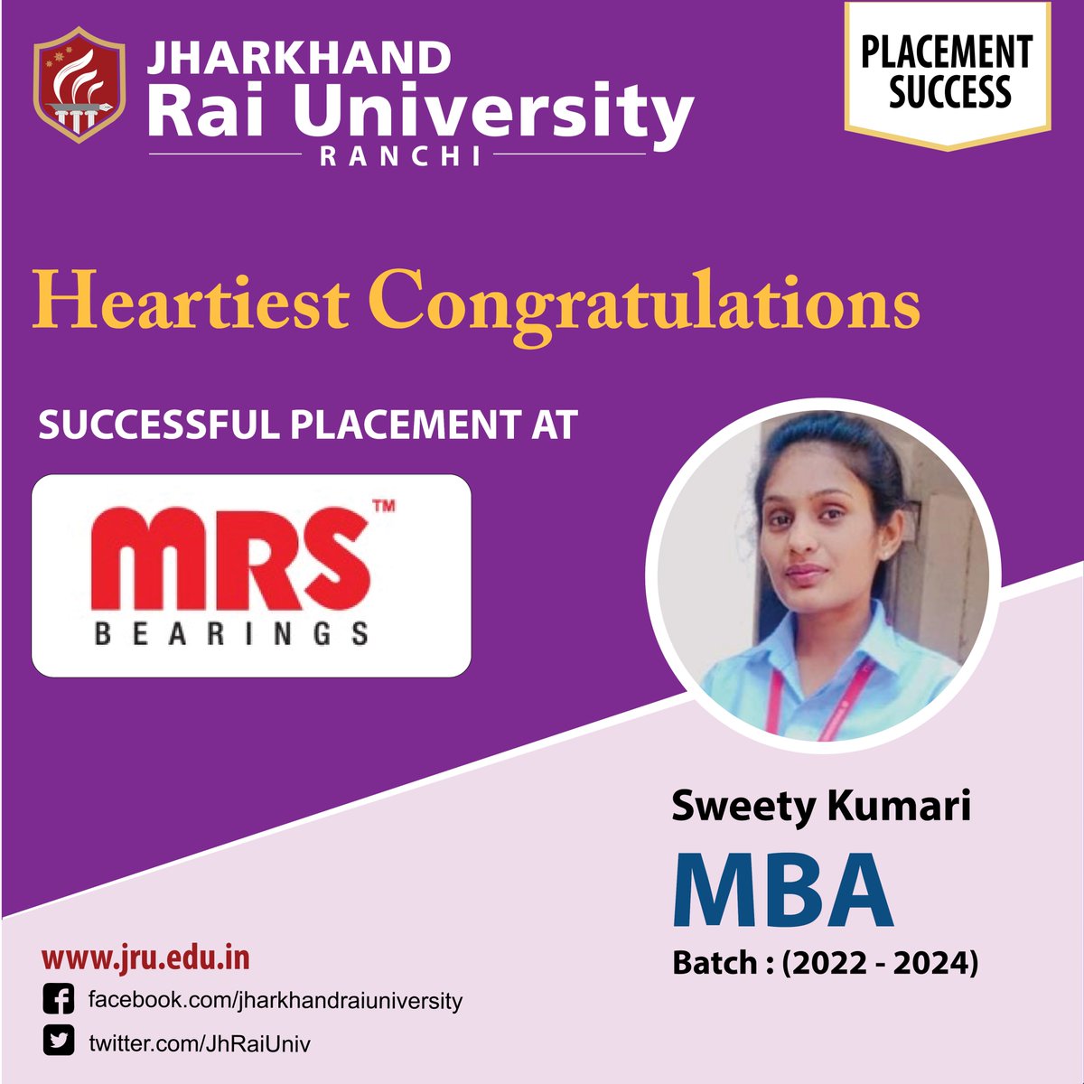 JhRaiUniv's tweet image. Heartiest Congratulations on your successful placement at MRS Bearings 

#placement2024 #Management #MBA #mbastudent