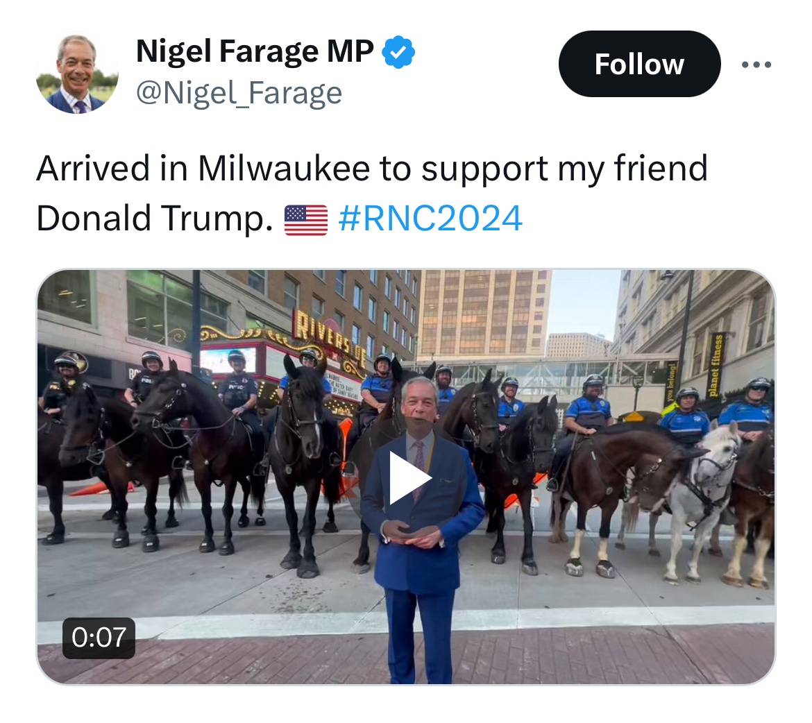 Aaand he’s off (again). 

🇬🇧 > 🇺🇸 

Just to confirm Nigel Farage won’t be holding a constituency surgery for the people of Clacton tomorrow.