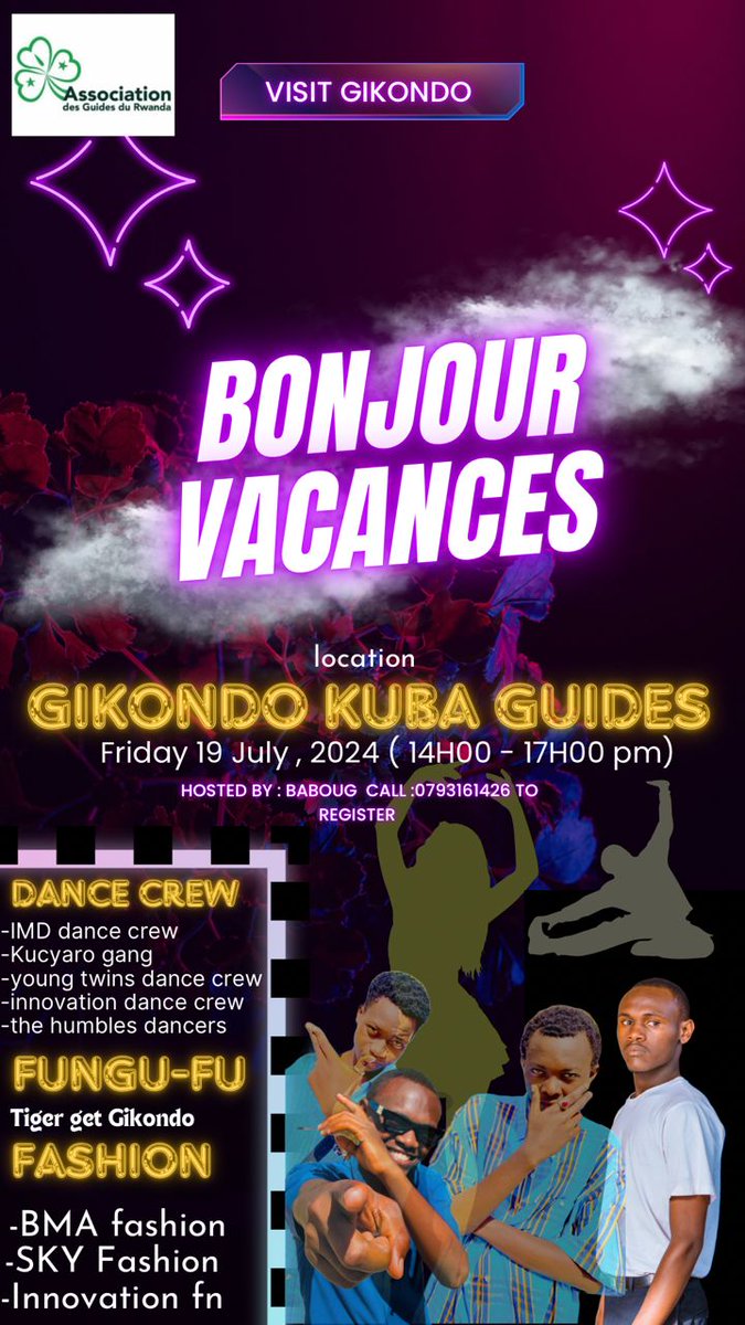 Don't miss Bonjour Vacance 
It's plan for this Friday <a href="/GikondoS/">Gikondo Sector</a> <a href="/KicukiroDistr/">Kicukiro District</a> <a href="/NYC_kicukiro/">Kicukiro Youth Council</a> <a href="/RwandaYouthArts/">Ministry of Youth and Arts | Rwanda</a> <a href="/RwandaYouth/">Rwanda Youth Council</a>