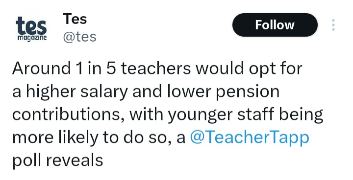 Sue_Cowley's tweet photo. Getting a bit annoyed at both TES for reporting like this and Teacher Tapp for polling this question. Changes to pension rights inevitably lead to issues later on and could be detrimental to collective terms and conditions. https://t.co/F1FxTc5UtV