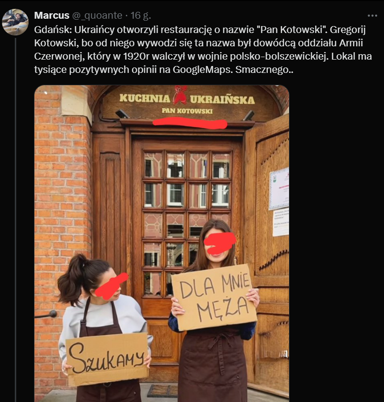 Ruski troll szczuje na  ukraińską restaurację. Już pojawiają się "1" w ocenach. Właściciele nie wiedzą, jak sobie z tym radzić. 

Oczywiście nazwa nie odnosi się do żadnego Kotewskiego, a do ukraińskiej kreskówki. 

Zachęcam do wystawiania pozytywnych opinii i przekazywania dalej
