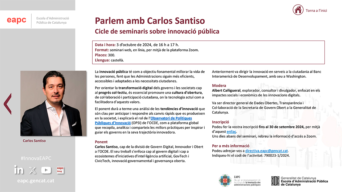 eapccat's tweet photo. 💡 Cicle de seminaris sobre #InnovacióPública: Parlem amb @carlos_santiso

📅 03/10 - De 16 a 17 h
💻 Zoom
✍️ Inscripcions obertes fins al 30/09
Modera: @AlbertCanig

https://t.co/PaDfn5sRdA

#InnovaEAPC https://t.co/lSeNlESYNh