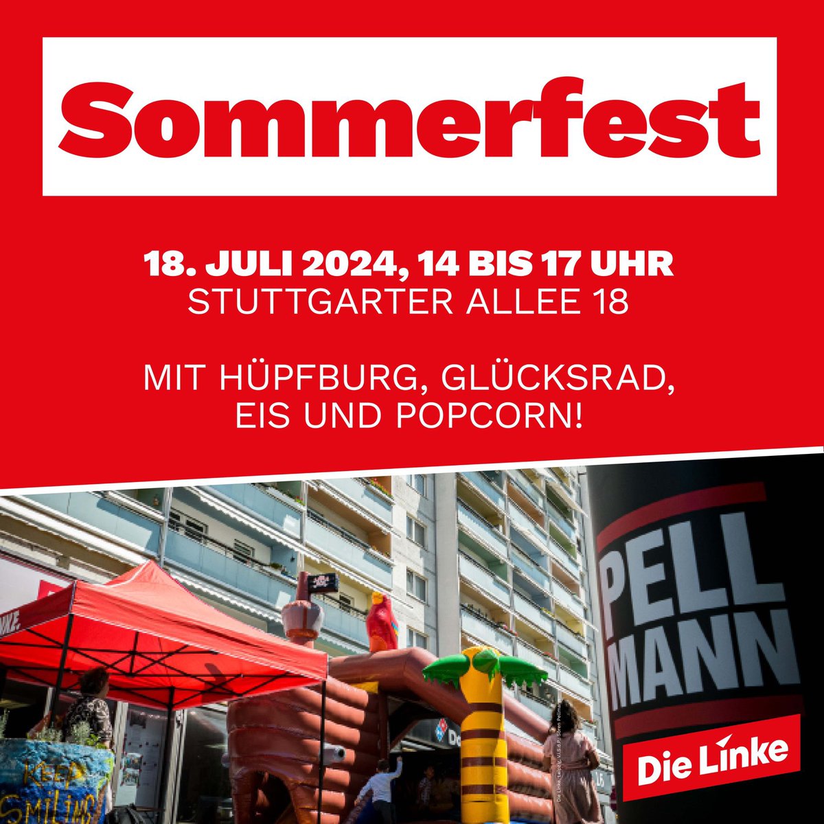 In #Leipzig #Grünau steppt heute Nachmittag der Bär! 🐻 
Gemeinsam mit <a href="/DIELINKELeipzig/">DIE LINKE. Leipzig</a> und <a href="/Bedam99/">Adam Bednarsky</a> veranstalte ich unser jährliches Sommerfest. Hier ist für jung und alt etwas dabei, egal ob Popcorn, Glücksrad oder Hüpfburg-oder doch nur ein nettes Gespräch mit mir. Wir freuen