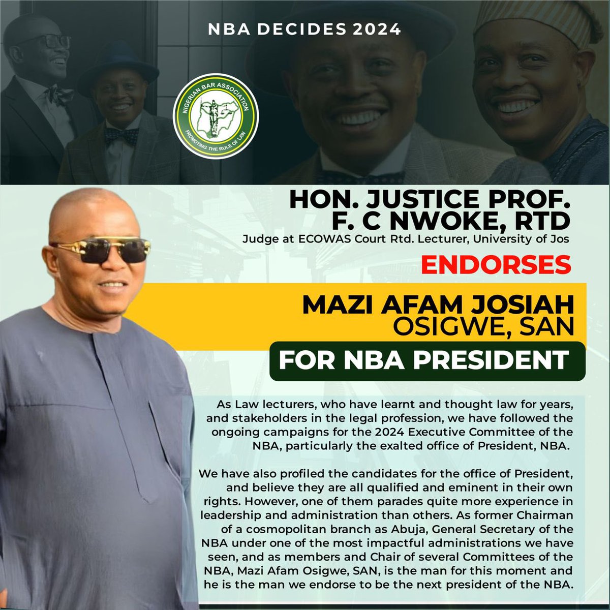 EdwinJackEsq's tweet photo. Vote @afamosigwe  for NBA President 

#Proactivebar #Lawyersfirst #Fortheloveoftheprofession https://t.co/WWY3FQo1VH