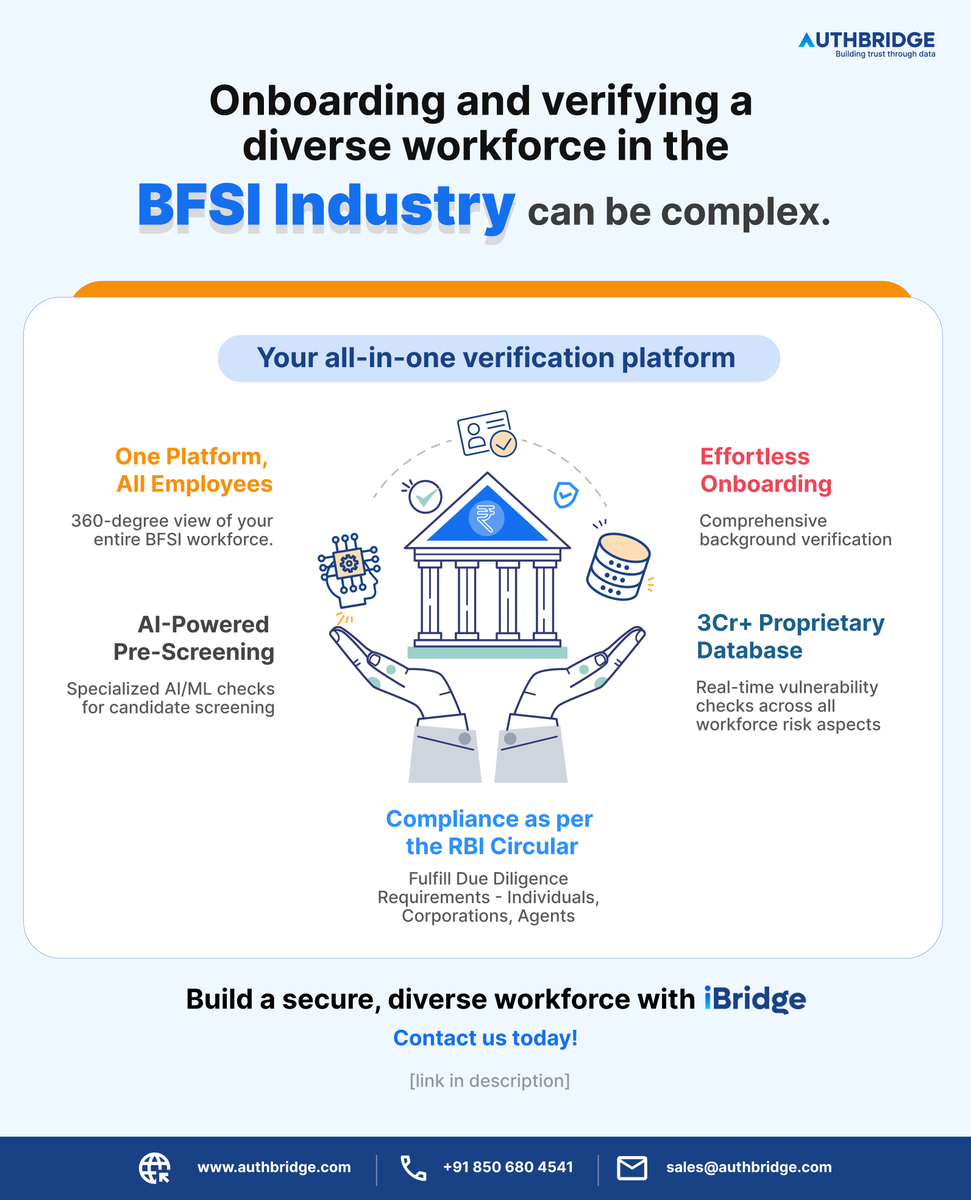 authbridge's tweet image. AuthBridge's IBRIDGE platform is the all-in-one solution for streamlined and secure verification in the BFSI industry.

Ready to build a secure workforce? Contact us: bit.ly/4bQCNIC

#banking #finance #backgroundverification #fraudprevention #AI #security #AuthBridge