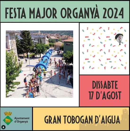 AjOrganya's tweet photo. Gran tobogan d'aigua🛝💦
Dissabte 17 d'agost xics i grans cap al carrer Mestre Cases, al costat del centre cívic, a baixar pel tobogan d'aigua!🐠
Equipeu-vos bé i poseu-vos crema!☀️🩳🩱🥽🩴
#Organyà #fmorganya24 #tobogan #aigua #diversio #familia #festamajor https://t.co/WPrCES7ByN