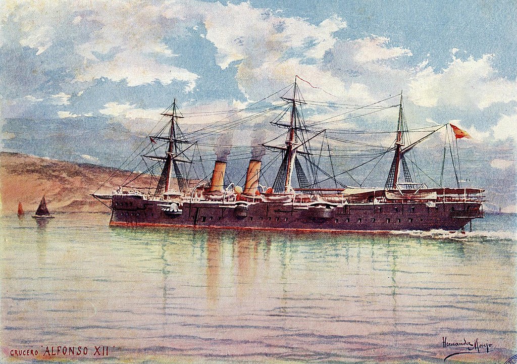 NavalEncyclope1's tweet photo. The Alfonso XII class were three Spanish unprotected colonial masted cruisers built during the 1880s in Ferrol. Reina Cristina and Reina Mercedes were sunk at Manila and Cuba. https://t.co/rtcFsAlTx9 #armada #spanishnavy #battlemanila #battlecuba #1898war #spanamwar https://t.co/jAzacUlHlL
