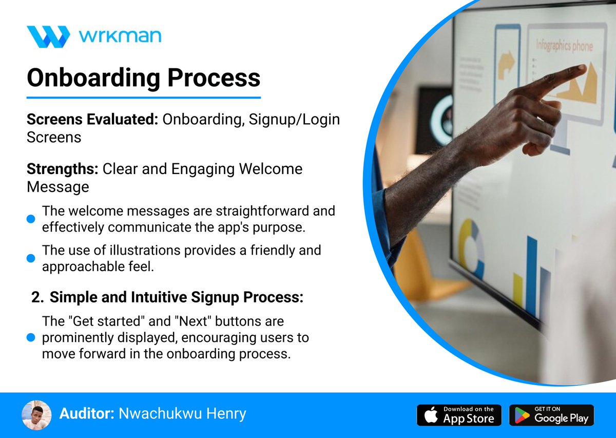 nwachukw_henry's tweet photo. Day 3 of My UX Audit on @wrkmanHQ
๐ท Aim: To evaluate the user experience (UX) of the mobile app, identifying strengths and areas for improvement to enhance overall user satisfaction and engagement.
Stay tuned for updates! #UXAudit #wrkman https://t.co/D6ilWHN2x1