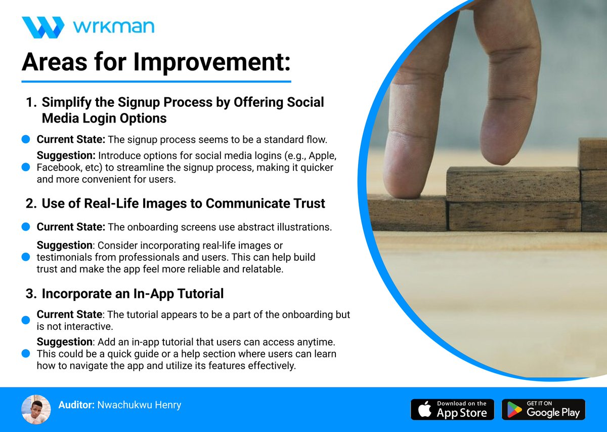 nwachukw_henry's tweet photo. Day 3 of My UX Audit on @wrkmanHQ
๐ท Aim: To evaluate the user experience (UX) of the mobile app, identifying strengths and areas for improvement to enhance overall user satisfaction and engagement.
Stay tuned for updates! #UXAudit #wrkman https://t.co/D6ilWHN2x1