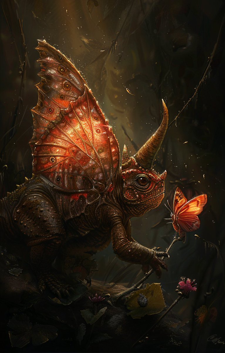 ekdorenbosch's tweet photo. Here's to the Folks of today that do not understand we need pollination! And that did not accept my dino's, wolves and butterflies roaming my backyard.
Lol this theme made it to an actual art exhibit.
#dinosaurmatters #wolvesmatter #butterfliesmatter
Prompts
1️⃣ A fantasy creature, half triceratops and butterfly hybrid in the dark forest. The dragon has brown scales with orange wings on its back and head is red like an insect's winged crown. It holds a small flower in its mouth. In the style of digital art. --ar 81:128
2️⃣ A fantasy creature, a mix of triceratops and butterfly with wings, in warm color tones, concept art in the style of Pixar studio, on a dark background, with natural lighting, hyper realistic, cinematic, a digital painting, of high resolution, with high details --ar 81:128
3️⃣ A fantasy creature, a mix of triceratops and butterfly with beautiful wings, in a dark forest in the style of fantasy concept art, in a cinematic style, with warm colors, with hyper realistic and hyper detailed rendering. --ar 81:128
4️⃣ A fantasy creature, half triceratops and butterfly hybrid in the dark forest. The dragon has three horns on its head, wings like butterflies, a long tail with ripples along it, red glowing eyes, and a black body covered in brown colored scales. It is holding a flower petal between its teeth. In the style of digital art with a dark background. --ar 81:128