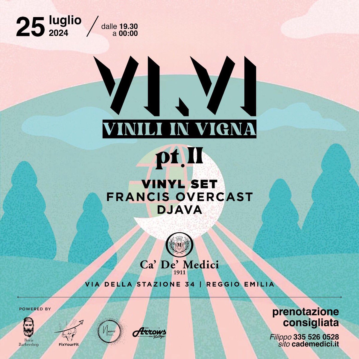 dimitrimazzoni's tweet photo. https://t.co/2g95yelcDm
vinili in vigna
pt.II
.
giovedì 25 luglio
dalle 19.30 alle 24.00
.
VINYL SET:
@francisovercast 
@djava.dj 
.
location:
Ca' De' Medici Lambrusco 
.
powered by:
@naomi_beautytherapist 
Boris Barbershop
FixYourFit
@arrowsvintage 
.
RSVP: 3355260528 https://t.co/ZweFwgJALF