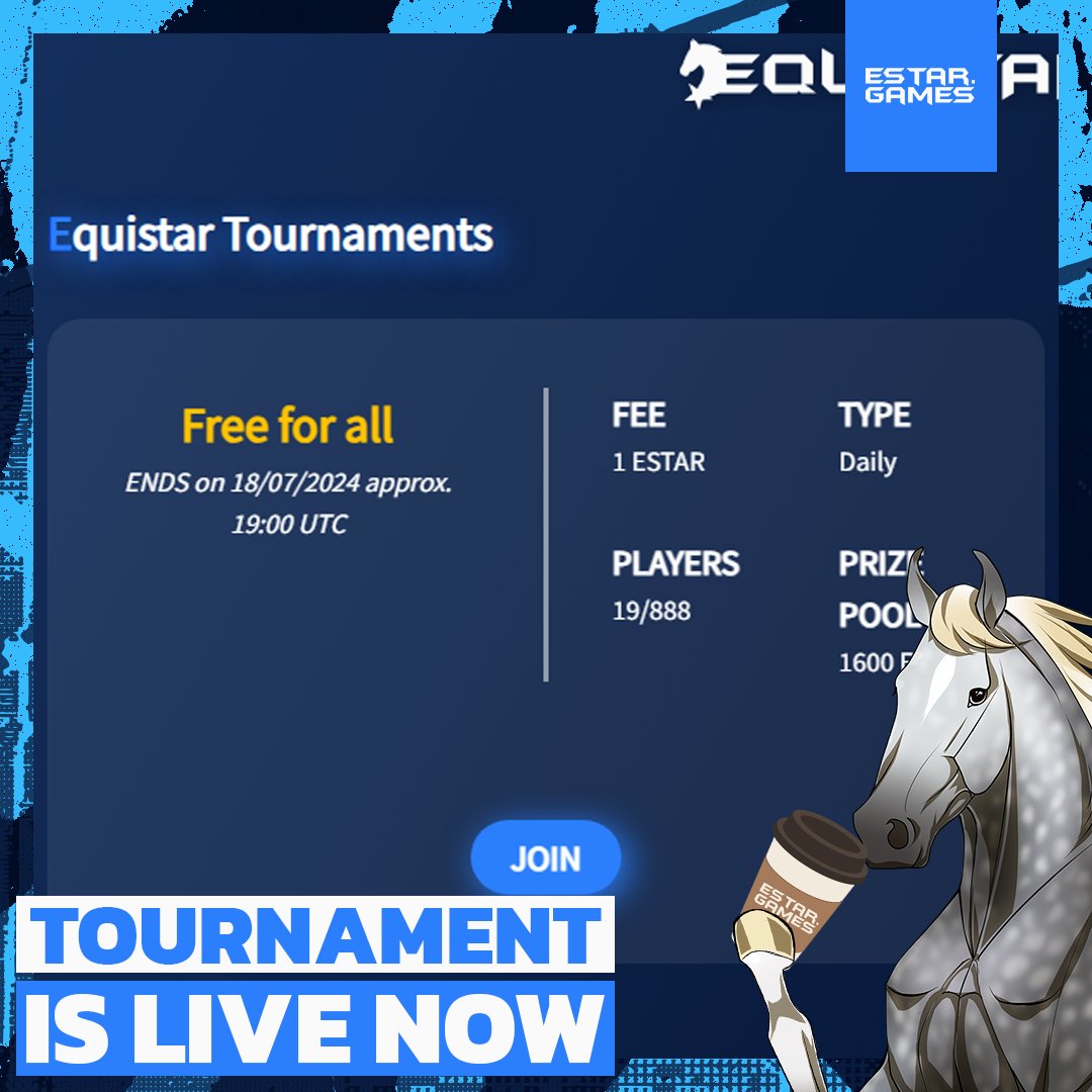 EstarToken's tweet photo. 🌞 Good morning, Equistar riders! 🌟

Get ready for today's thrilling tournament:

🏇 Free for All Tournament
🕛 Ends: 18/07/2024 approx. 19:00 UTC  
💰 Fee: 1 $ESTAR  
👥 Players: 19/888  
🎉 Prize Pool: 1600 $ESTAR

Don't miss your chance to join the race and win big! 🏆
👉https://t.co/diEGIAUvFe

#MultiversXNFTs #MultiversX #NFT #NFTs #NFTGaming #NFTGame #NFTCommunity
