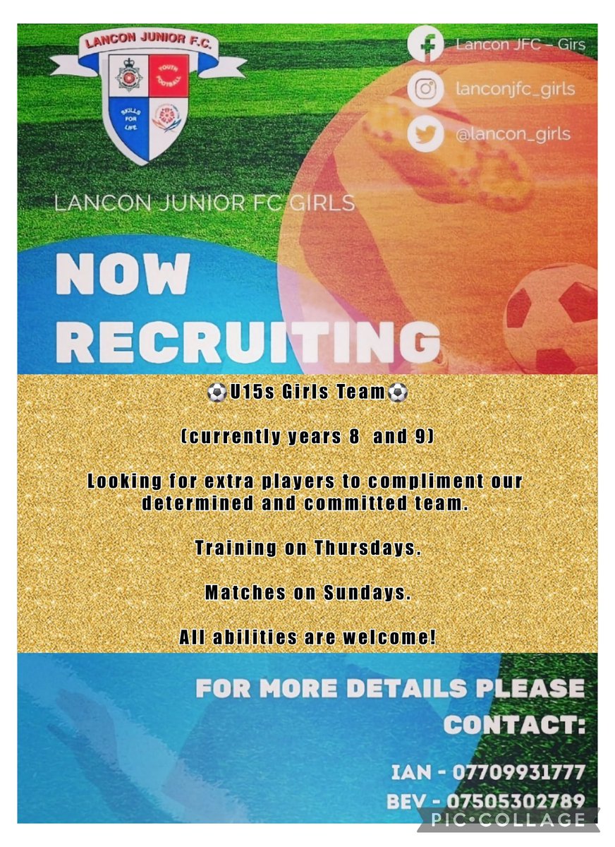 Players wanted!

U15s (new season) girls football team, (currently yrs 8 and 9).

Friendly team, lots of game time and player development on offer!!
Based South Ribble/ Preston area.

See contacts below.
⚽️⚽️⚽️
<a href="/JfcLancon/">Lancon JFC</a>
<a href="/charleyy_96/">Charley</a>
<a href="/PDPLLeague/">PDPL League</a> 
<a href="/Teamgrassroots_/">Grassroots</a>
#lanconforlife