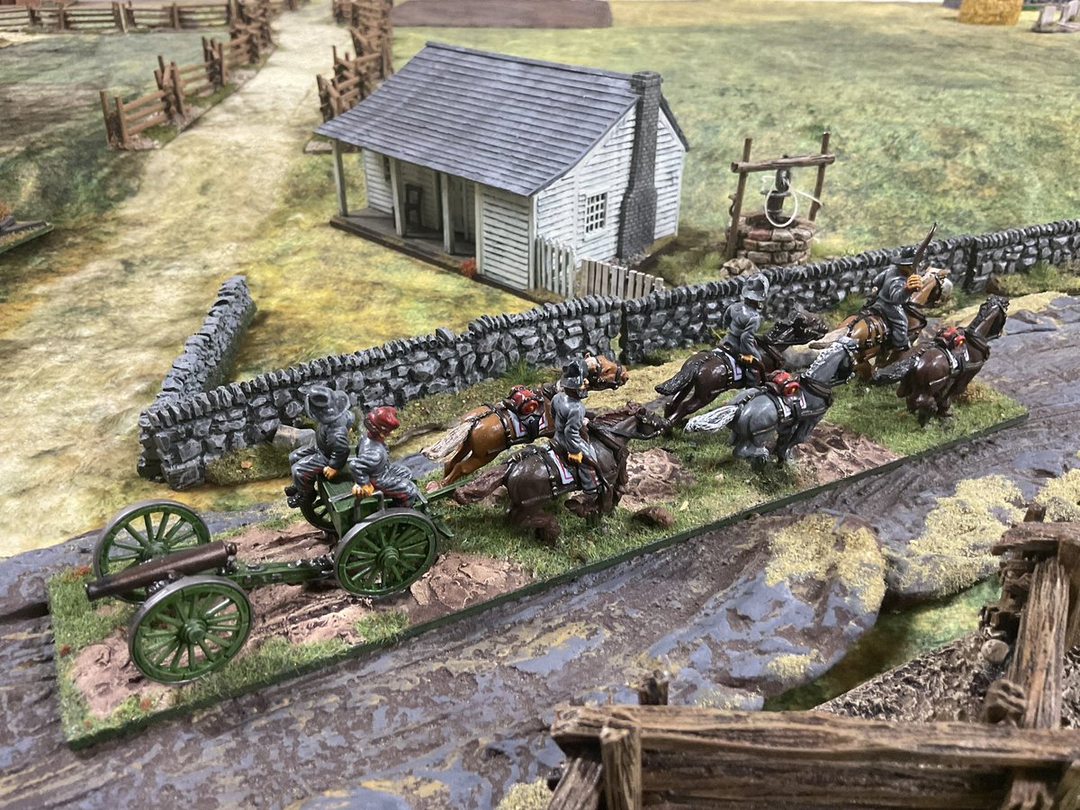 A #Confederate artillery limber races by the #ACW farm house. 
#Wargaming #Wargames #Wargmer <a href="/AlanSchultz1961/">Alan Schultz</a> <a href="/schroeder_hs/">Heinz Schroeder</a> <a href="/AnneElizabethW5/">Anne Elizabeth Webb</a> <a href="/MarcusTregenza/">Marcus Tregenza</a>