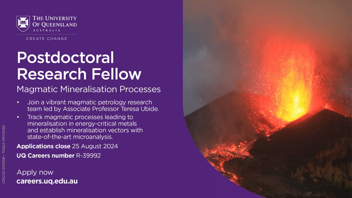 📢Job alert!

Excited to recruit a post-doc to track magmatic processes leading to porphyry copper mineralisation via high-resolution petrology and geochemistry!!
Join us #UQmagmateam <a href="/UQ_News/">UQ News</a> in beautiful #Brisbane #Australia 🦘🌋🔬

uq.wd3.myworkdayjobs.com/uqcareers/job/…