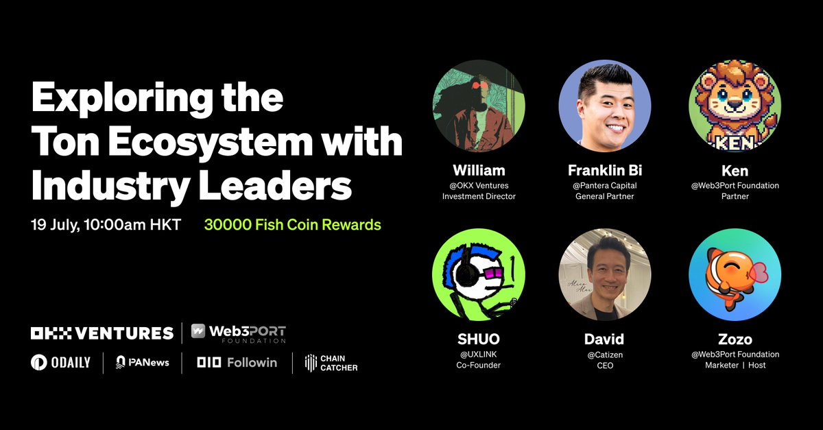OKX_Ventures's tweet image. 👋Welcome to X space themed &quot;Exploring the Ton Ecosystem with Industry Leaders&quot;   
📷10:00 am HKT, 19, July 
Speakers from @Web3Port_Labs @PanteraCapital @CatizenAI @UXLINKofficial @OKX_Ventures

Support Media 
@OdailyChina @PANewsCN @followin_io @ChainCatcher_ 

📷Retweet and…