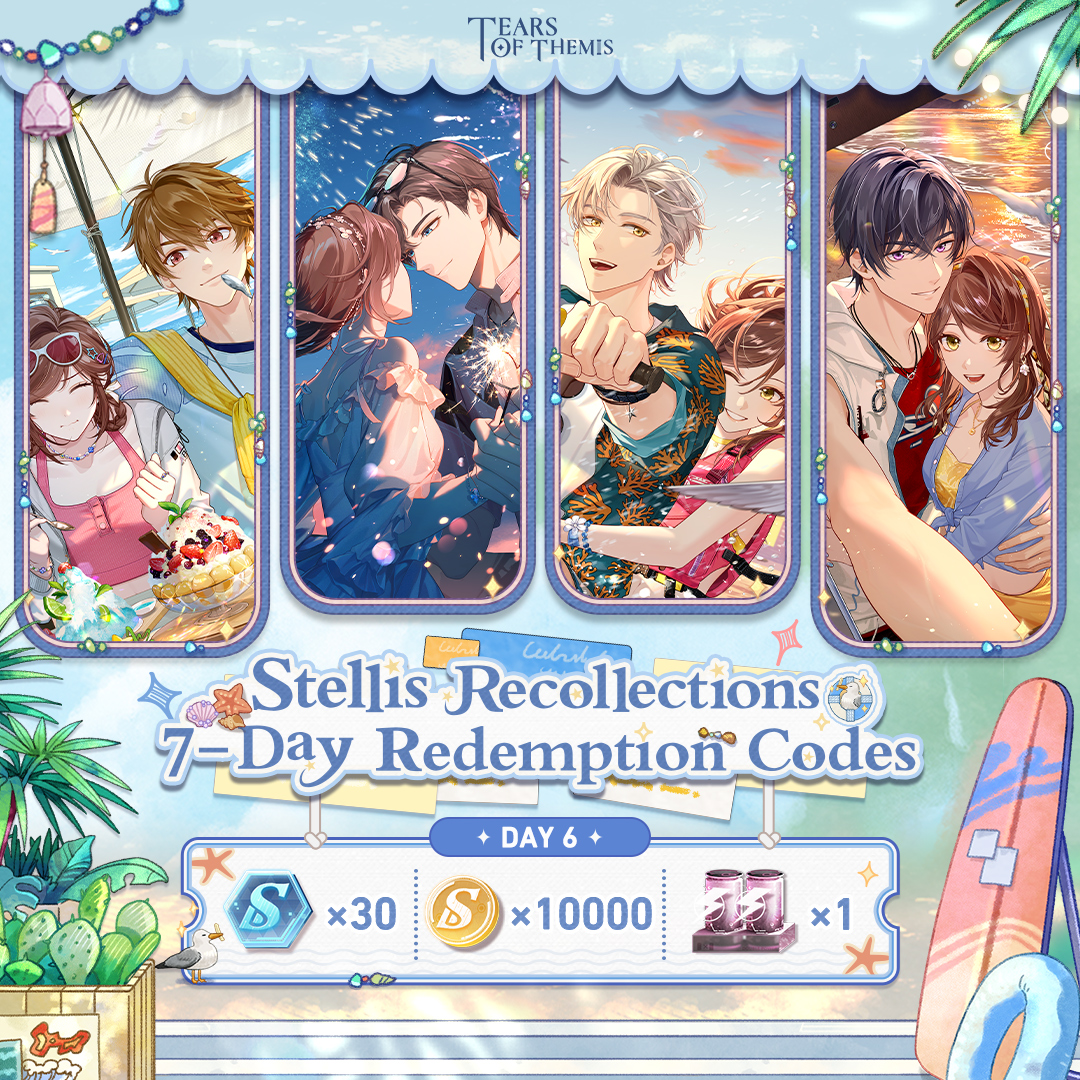 TearsofThemisEN's tweet photo. ✦ Stellis Recollections 7-Day RC ✦ Day 6

You ran a seaside café with them, watching the sea waves under the clear summer sky.

✦ RC: DownIntoLove
✦ Valid until: 2024/7/31 04:00 (UTC+9)
✦ Redeem at: https://t.co/LBgQR6IRqu

#TearsOfThemis #ToT3rdAnniv https://t.co/PdUKWK6iIQ