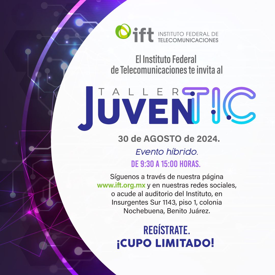 IFT_MX's tweet photo. ¿Un espacio para hablar sobre el futuro del #Internet y el impacto de la #TransformaciónDigital en la juventud?
El próximo 🗓️ 30 de agosto, te invitamos a ser parte del #Taller #JuvenTIC, regístrate en 👉 https://t.co/PpUdilYktS y sé parte de la conversación. https://t.co/QYNYWJq79P