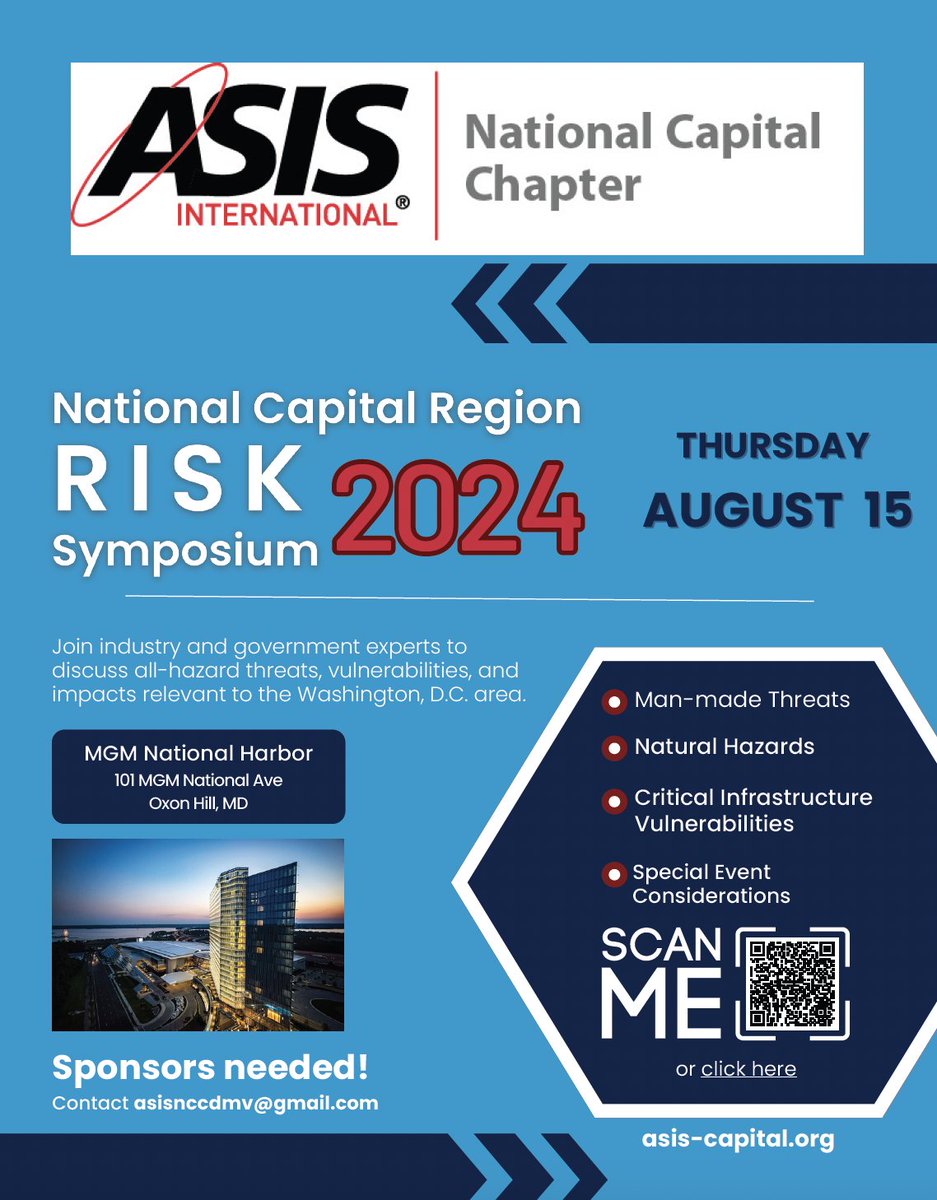 ASISNCC's tweet photo. New date for our National Capital Region Risk Symposium:  Thursday August 15!

Learn about and discuss risks specific to the Washington, D.C. area.

Registration:
https://t.co/xTEhCuVwOn https://t.co/v7uhA6UXEv