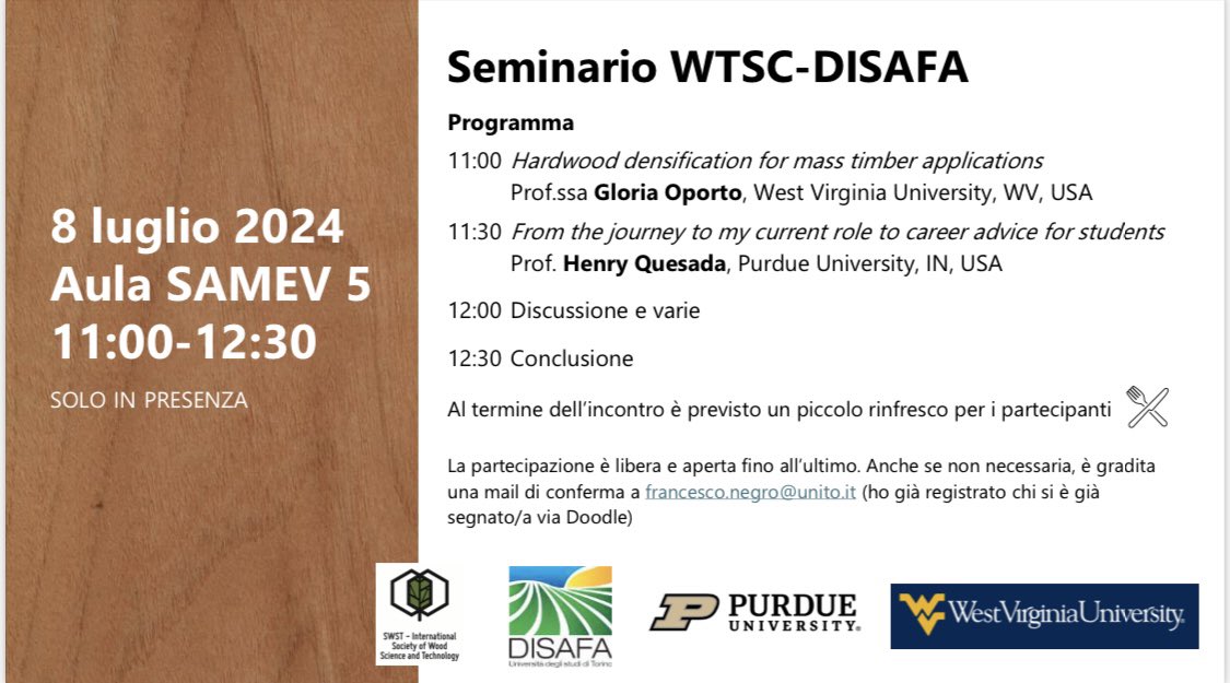 SocietyWood's tweet photo. Europe-America connection 🌎 
Soon after our #swst2024 #swstic ended , Professors Gloria Oporto and Henry Quesada visited Univ of Torino, Italy, to meet the SWST student chapter. Coordinated by Prof. Francesco Negro, the presentations were continued with discussions during lunch. https://t.co/R6WBuTkKLC