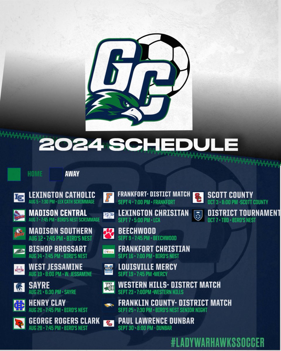 2024 Lady Warhawks Soccer Schedule.

#Talonsup
#Ladywarhawkssoocer

<a href="/oaksie72/">Kal Oakes</a> 
<a href="/GCHSWarhawks/">Great Crossing Athletics</a> 
<a href="/TheKettle7/">GCHS Student Section</a>